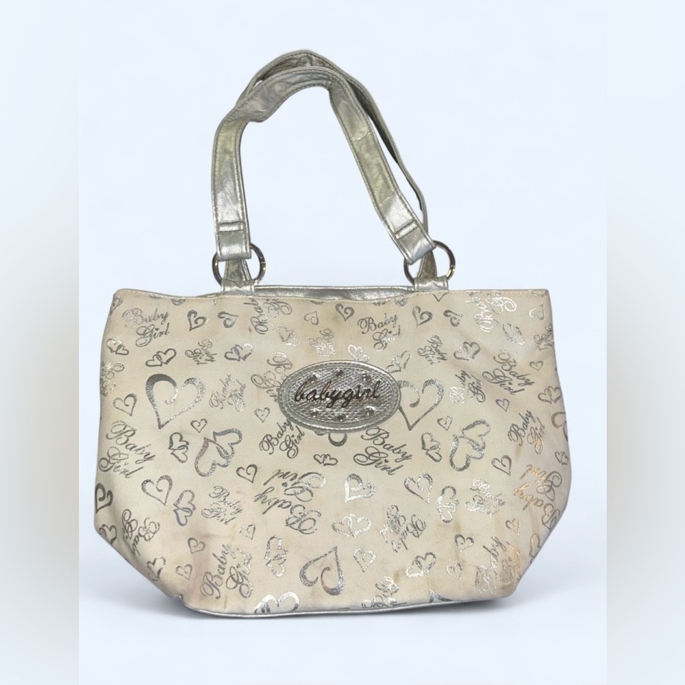 Y2K Baby Girl Heart Print Metallic Shoulder Tote Bag